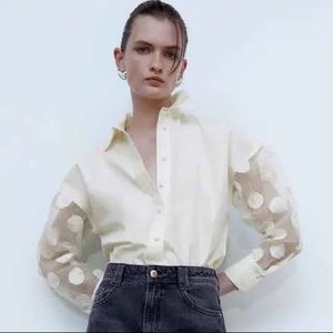 Zara Off-White Button-down Blouse Organza Polka Dot Sleeves NWT